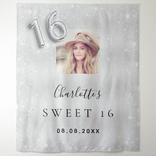 Sweet 16 silver glitter photo welcome tapestry