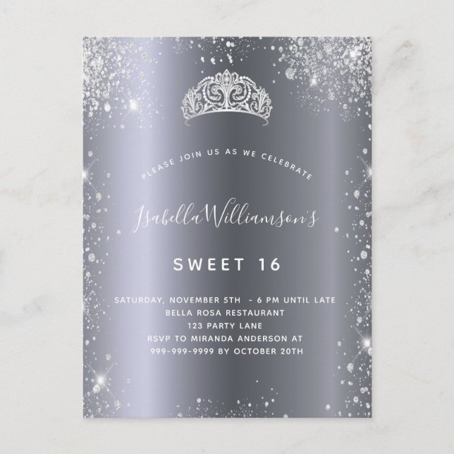 Sweet 16 silver glitter tiara invitation postcard (Front)