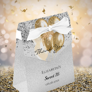 Sweet 16 silver gold balloons thank you favor boxes