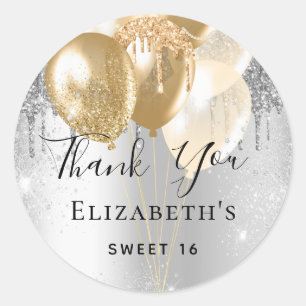 Sweet 16 silver gold glitter balloons thank you classic round sticker