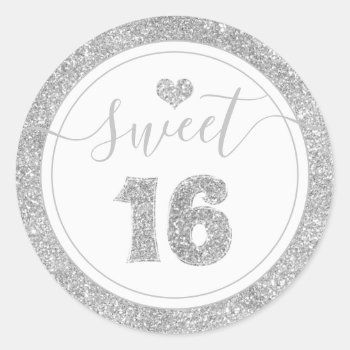 Sweet 16 Silver Gray Faux Glitter Heart Birthday Classic Round Sticker by ilovedigis at Zazzle