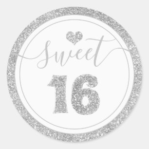 Sweet 16 Silver Gray Faux Glitter Heart Birthday Classic Round Sticker