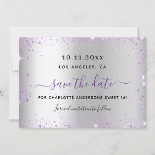 Sweet 16 silver lavender save the date card