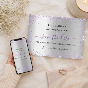 Sweet 16 silver lavender save the date card