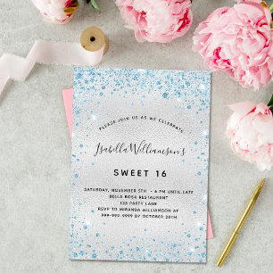 Sweet 16 silver light blue glitter invitation