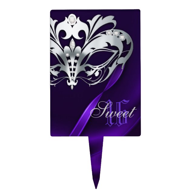 Sweet 16 Silver Masquerade Purple Cake Topper (Front)