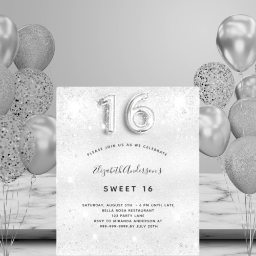 Sweet 16 silver metal glitter budget invitation flyer