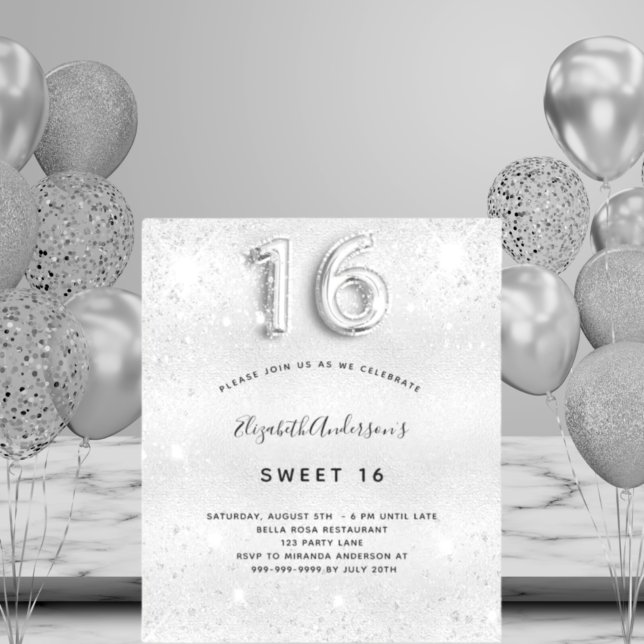 Sweet 16 silver metal glitter budget invitation flyer (Creator Uploaded)