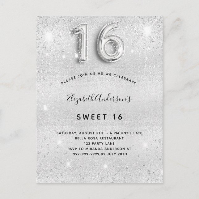 Sweet 16 silver metal glitter dust glam invitation postcard (Front)