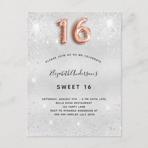 Sweet 16 silver metal rose gold glitter dust invitation postcard