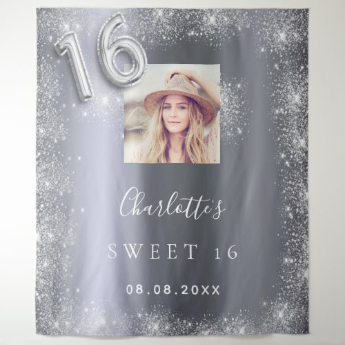 Sweet 16 silver photo glitter dust welcome tapestry