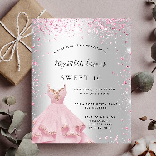 Sweet 16 silver pink dress budget invitation