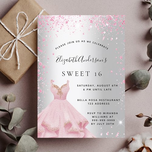 Sweet 16 silver pink dress glitter glamorous invitation