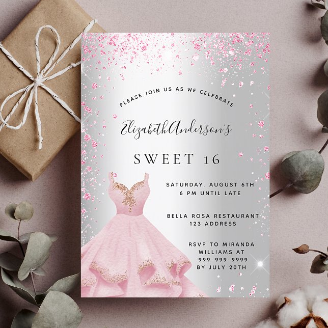 Sweet 16 silver pink dress glitter glamorous invitation (Creator Uploaded)
