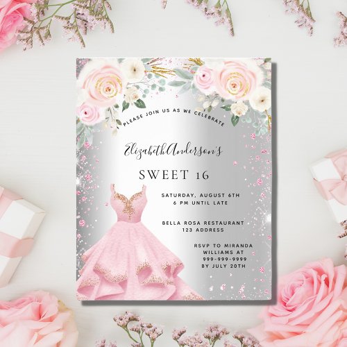 Sweet 16 silver pink dress glitter invitation