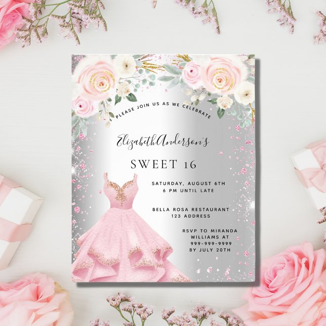 Sweet 16 silver pink dress glitter invitation flyer (Creator Uploaded)