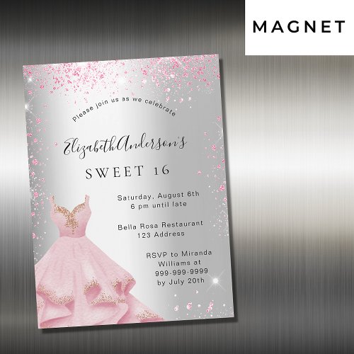 Sweet 16 silver pink dress glitter luxury magnetic invitation