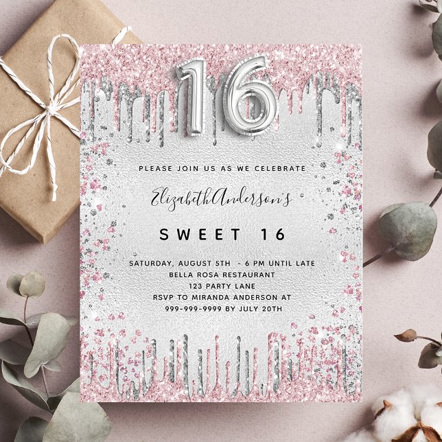 Sweet 16 silver pink glitter budget invitation flyer (Creator Uploaded)