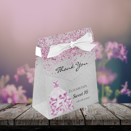 Sweet 16 silver pink glitter dress thank you favor boxes