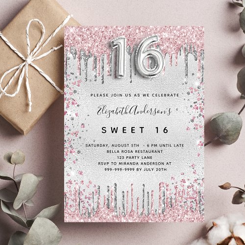 Sweet 16 silver pink glitter drips luxury invitation
