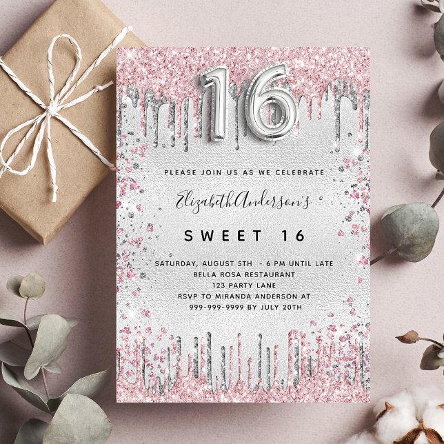 Sweet 16 silver pink glitter drips luxury invitation (Creator Uploaded)