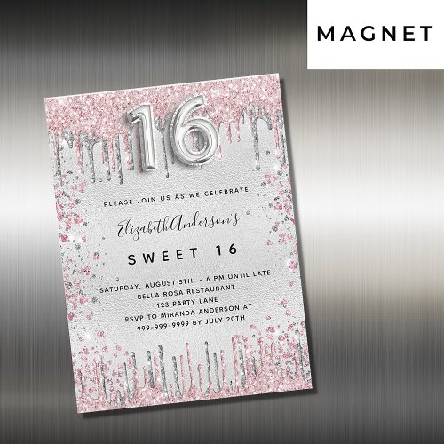 Sweet 16 silver pink glitter drips luxury magnetic invitation