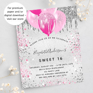 Sweet 16 silver pink glitter invitation postcard
