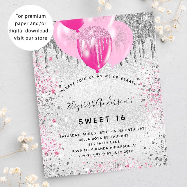 Sweet 16 silver pink glitter invitation postcard (Creator Uploaded)