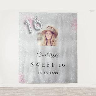 Sweet 16 silver pink photo glitter welcome tapestry