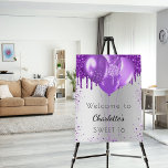 Sweet 16 silver purple balloons welcome foam board<br><div class="desc">A welcome board for a girly and glamorous Sweet 16,  16th birthday party.  A faux silver background decorated with purple colored faux glitter drips,  paint dripping look,   balloons.  Personalize and add a name and age. 
Back: no design</div>