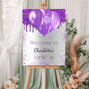 Sweet 16 silver purple balloons welcome foam board