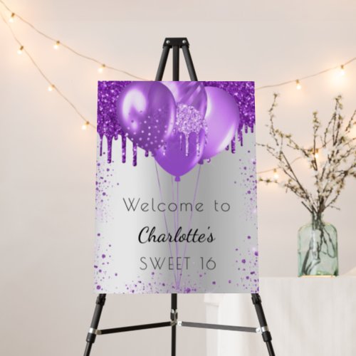 Sweet 16 silver purple balloons welcome foam board