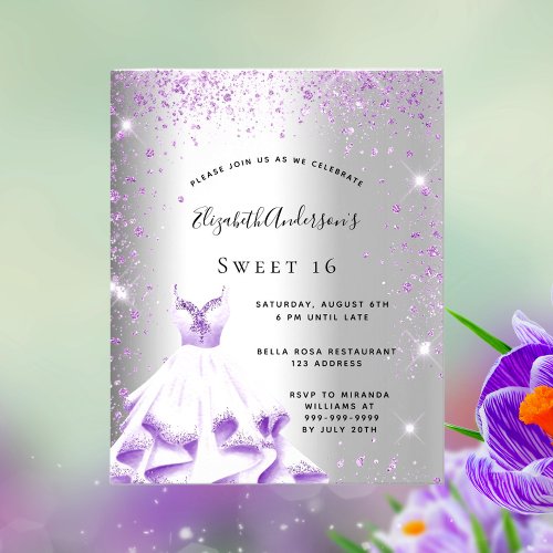Sweet 16 silver purple dress budget invitation flyer