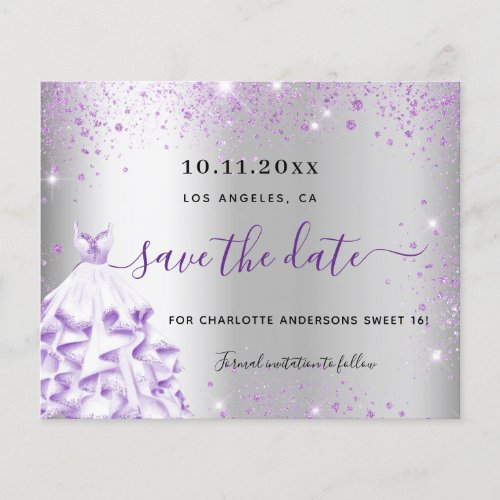 Sweet 16 silver purple dress budget save the date flyer
