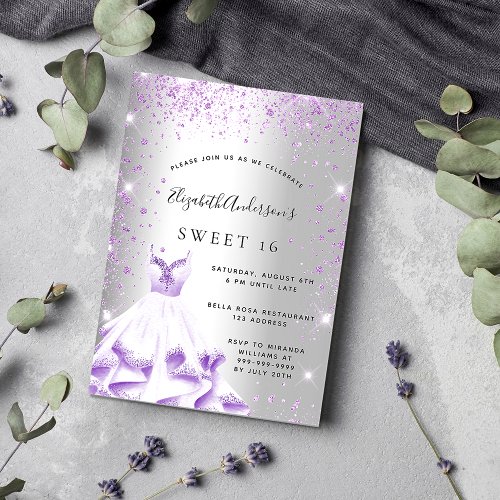 Sweet 16 silver purple dress glitter luxury invitation