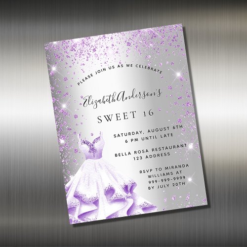 Sweet 16 silver purple dress invitation magnet
