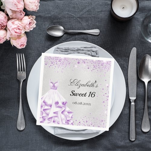 Sweet 16 silver purple glitter dress name napkins