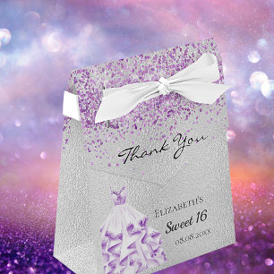 Sweet 16 silver purple glitter dress thank you favor boxes