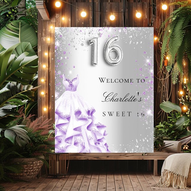 Sweet 16 silver purple glitter dress welcome poster (Creator Uploaded)