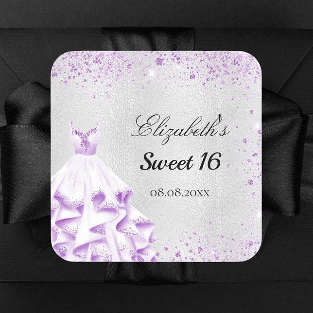 Sweet 16 silver purple glitter dust dress name square sticker (Creator Uploaded)
