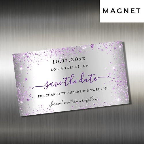 Sweet 16 silver purple save the date magnet