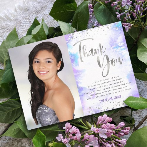 Sweet 16 Silver Purple Watercolor Photo Modern Thank You Card