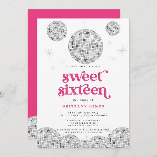 Sweet 16 Silver Retro Disco PINK Glitter Invitation