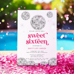 Sweet 16 Silver Retro Disco PINK Glitter Invitation<br><div class="desc">This design measures 5 x 7 inches/ 12.7 x 17.8 cm and is perfect for invitations. Step back in time with our Retro Disco Ball Bridal Shower Invitations & Decor collection. Immerse yourself in the nostalgia of the 70s with muted beige and grey arches, enhanced by groovy silver glitter fonts....</div>