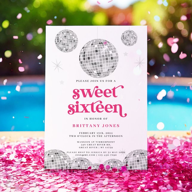 Sweet 16 Silver Retro Disco PINK Glitter Invitation (Creator Uploaded)
