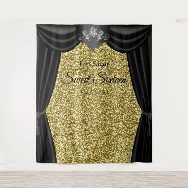 Sweet 16 Silver Rose Black Curtain Gold Glitter Tapestry (Front)