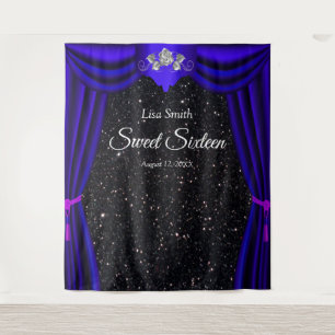 Sweet 16 Silver Rose Blue Curtain Black Glitter Tapestry