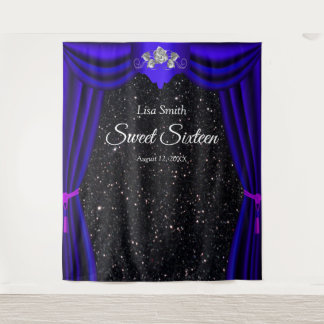 Sweet 16 Silver Rose Blue Curtain Black Glitter Tapestry