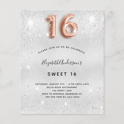 Sweet 16 silver rose gold budget invitation