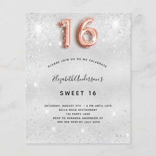 Sweet 16 silver rose gold budget invitation